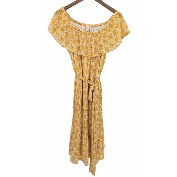 Michael Michael Kors Yellow Floral Midi Dress Sz XL Tie Waist Off Shoulder NEW - Picture 1 of 14